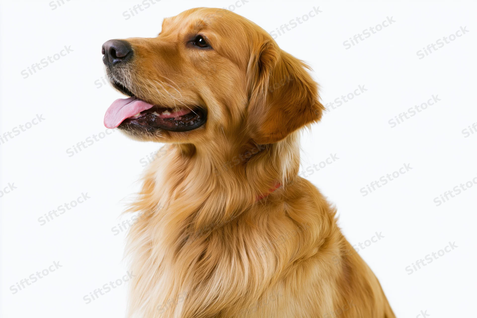 Golden retriever dog in profile with mouth open and tongue out against white background