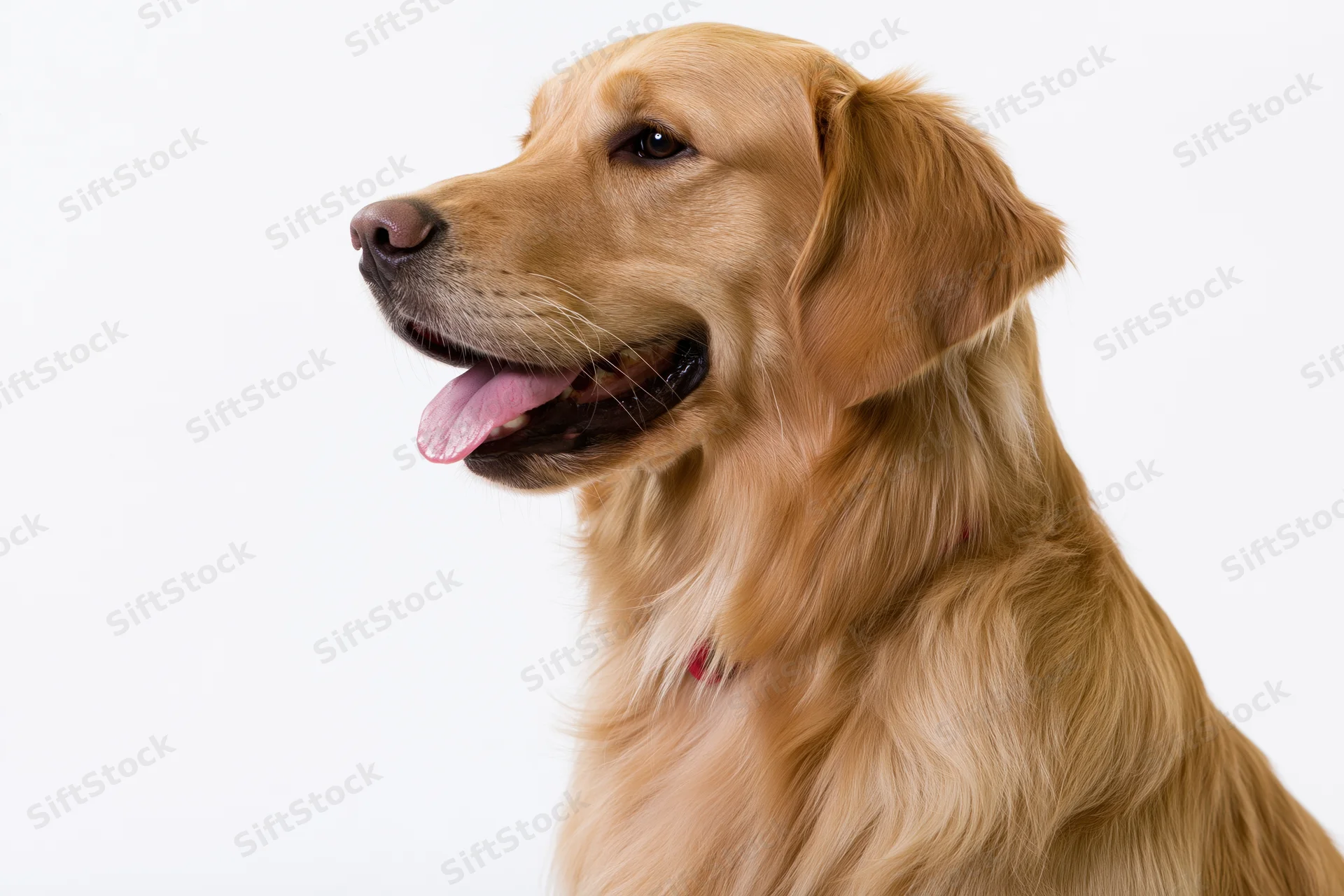 Golden retriever dog in profile with mouth open and tongue out against white background