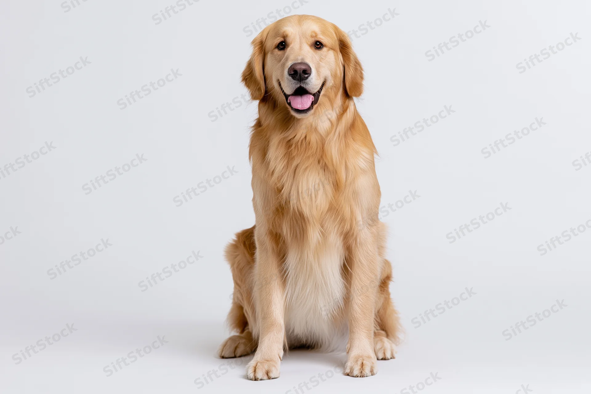 Golden retriever sitting upright facing camera with mouth open and tongue out on white background