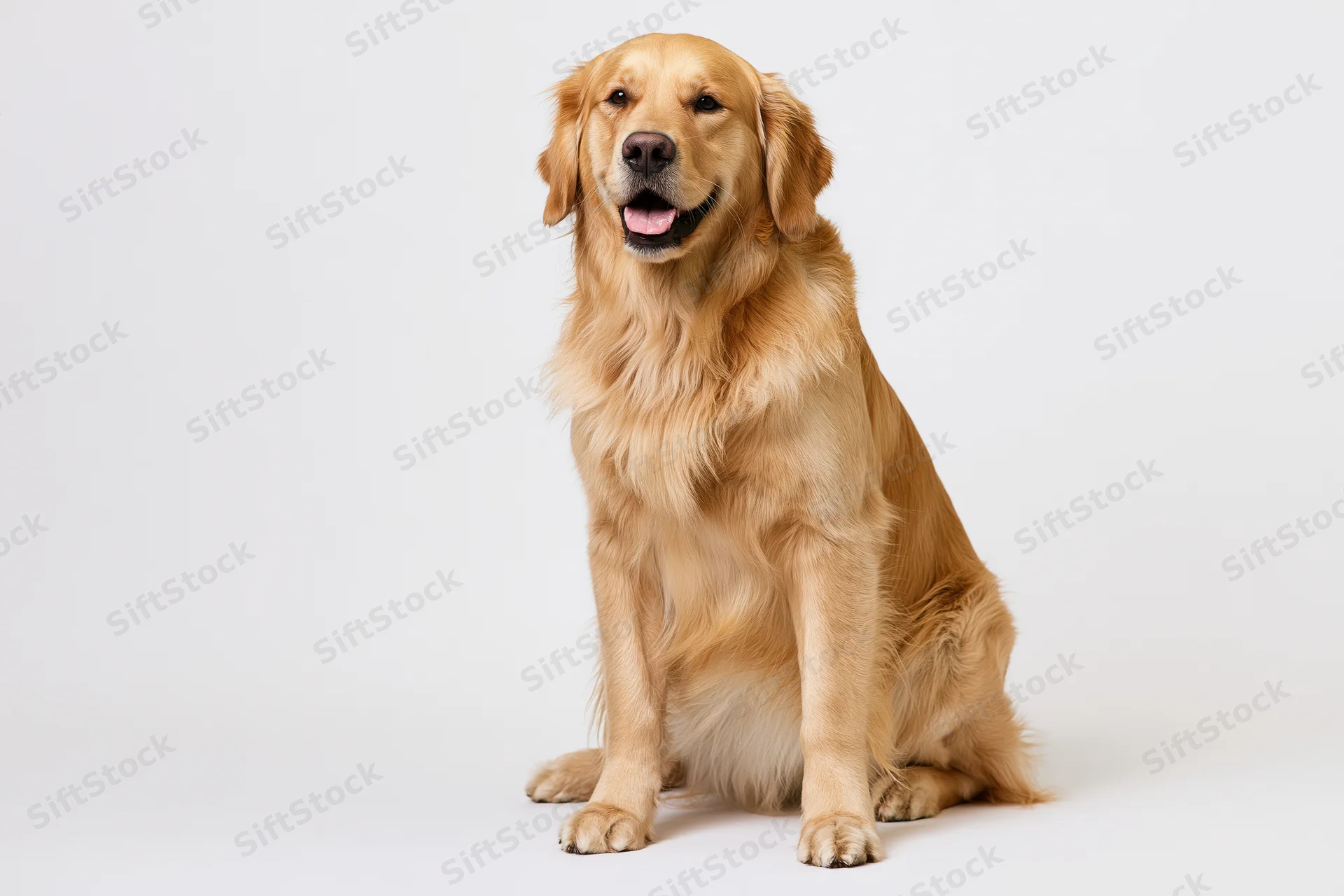 Golden retriever sitting upright facing camera with mouth open and tongue visible on white background
