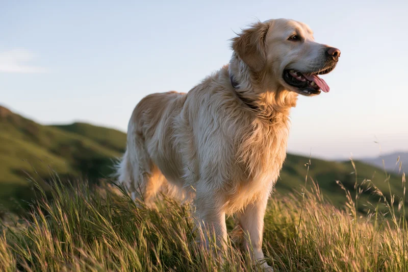 Golden retriever standing alert in tall grass on a rolling hill at golden hour