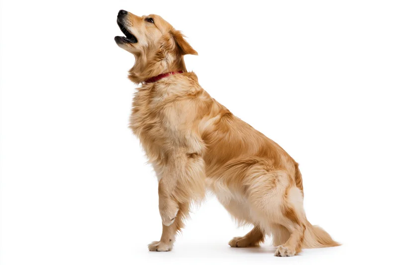 Golden retriever standing on hind legs with mouth open and head up against white background