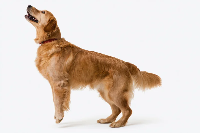 Golden retriever standing on hind legs with mouth open and head tilted against white background