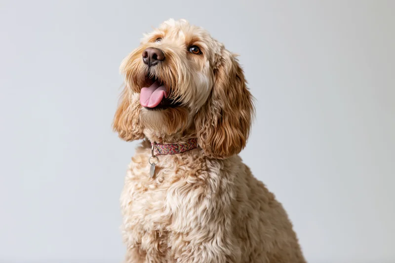 Golden cockapoo dog sitting upright with mouth open and tongue out in studio portrait