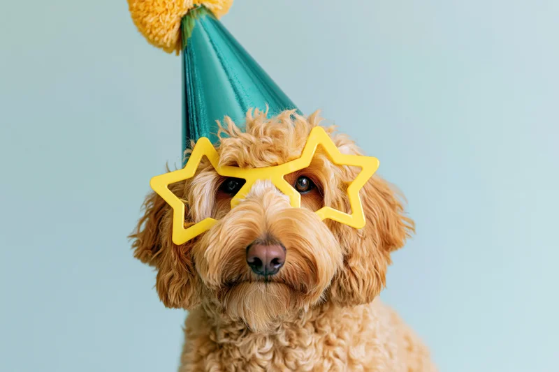 Golden cockapoo dog wearing teal party hat and yellow star sunglasses in studio portrait