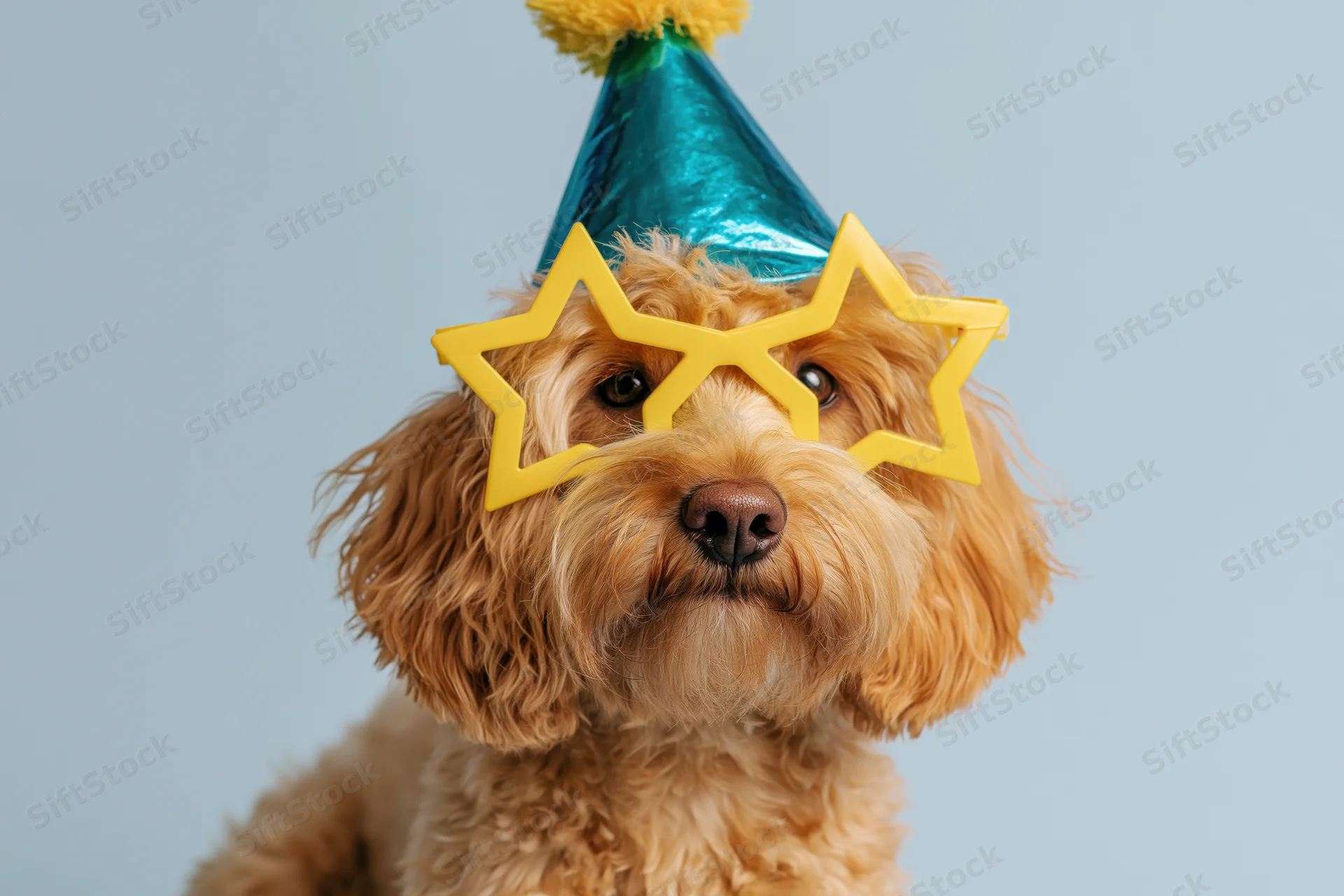 Golden cockapoo dog wearing teal party hat and yellow star sunglasses in studio portrait