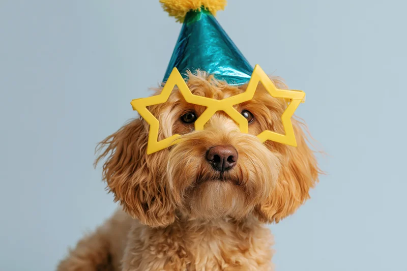 Golden cockapoo dog wearing teal party hat and yellow star sunglasses in studio portrait