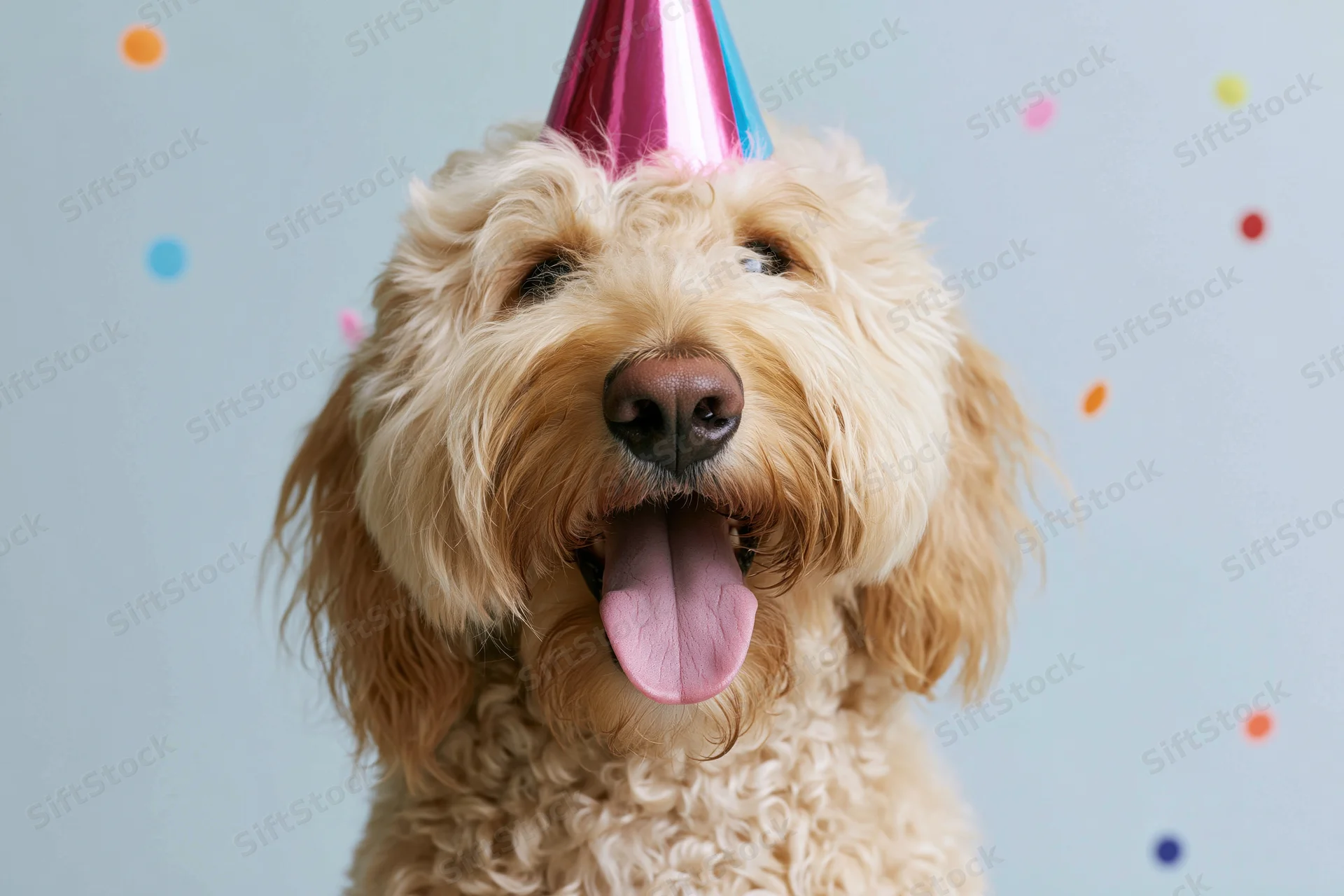 Golden doodle dog wearing a shiny pink and blue party hat with tongue out against a light blue background with colorful dots