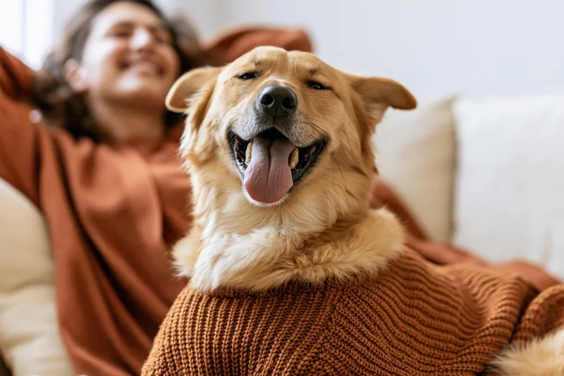 Golden mixed-breed dog with tongue out sitting on couch beside laughing woman