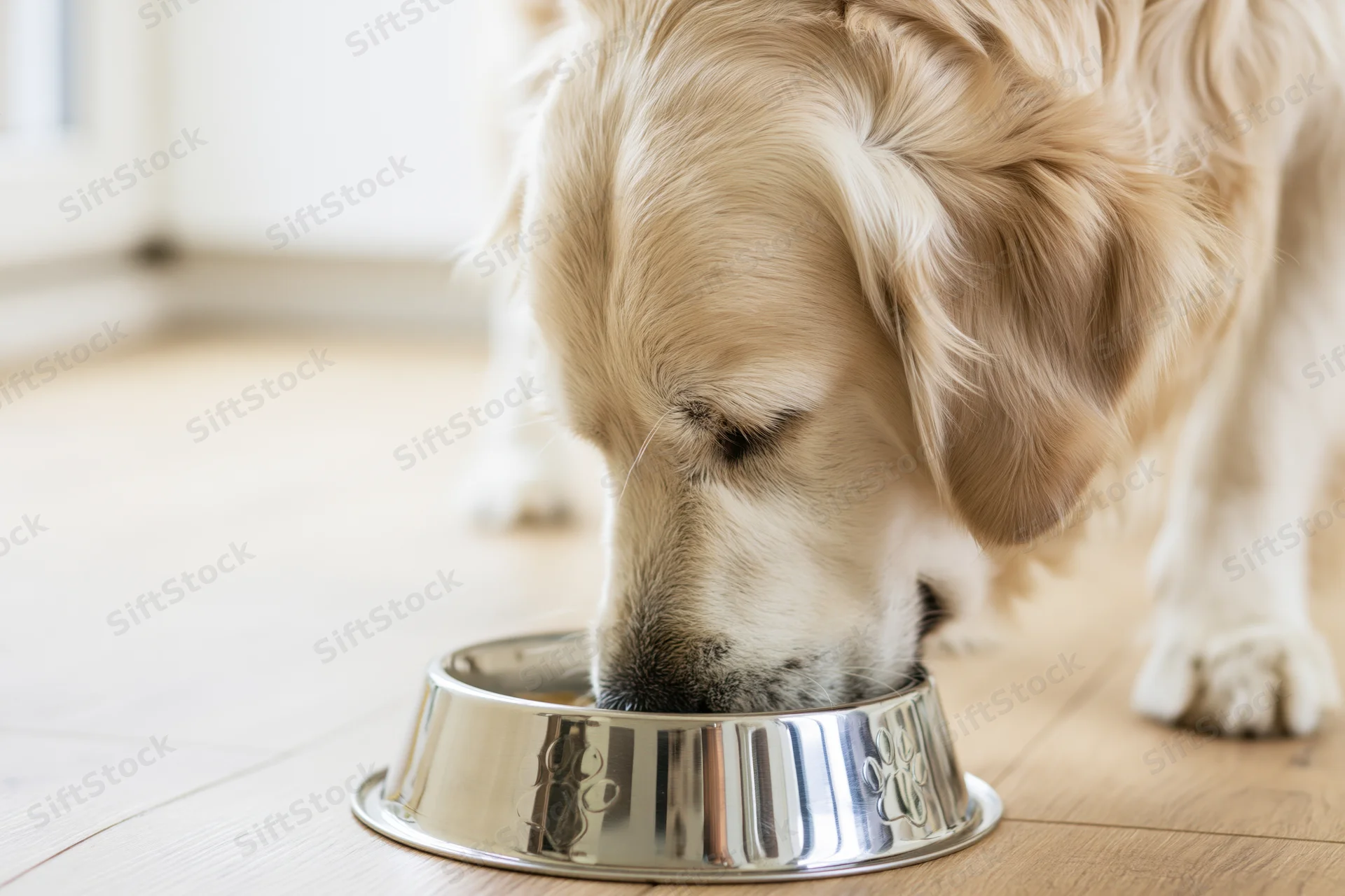 Golden retriever eating from a stainless steel bowl on a wooden floor