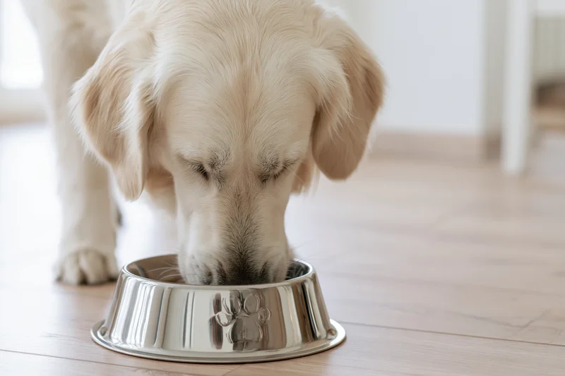 Golden retriever eating from a stainless steel bowl on a wooden floor indoors