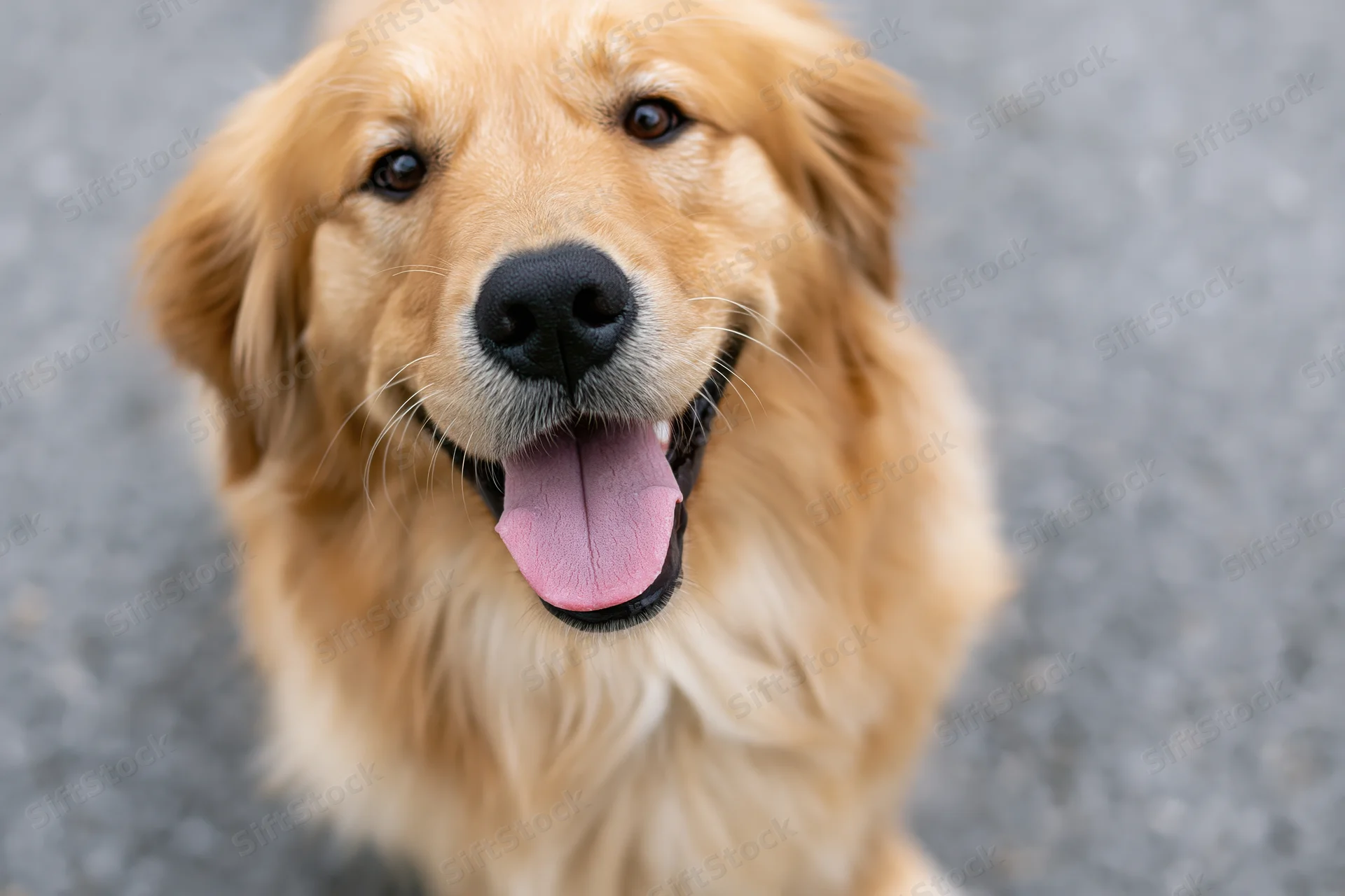 Golden retriever looking up with mouth open and tongue out on pavement