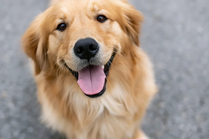 Golden retriever looking up with mouth open and tongue out on pavement