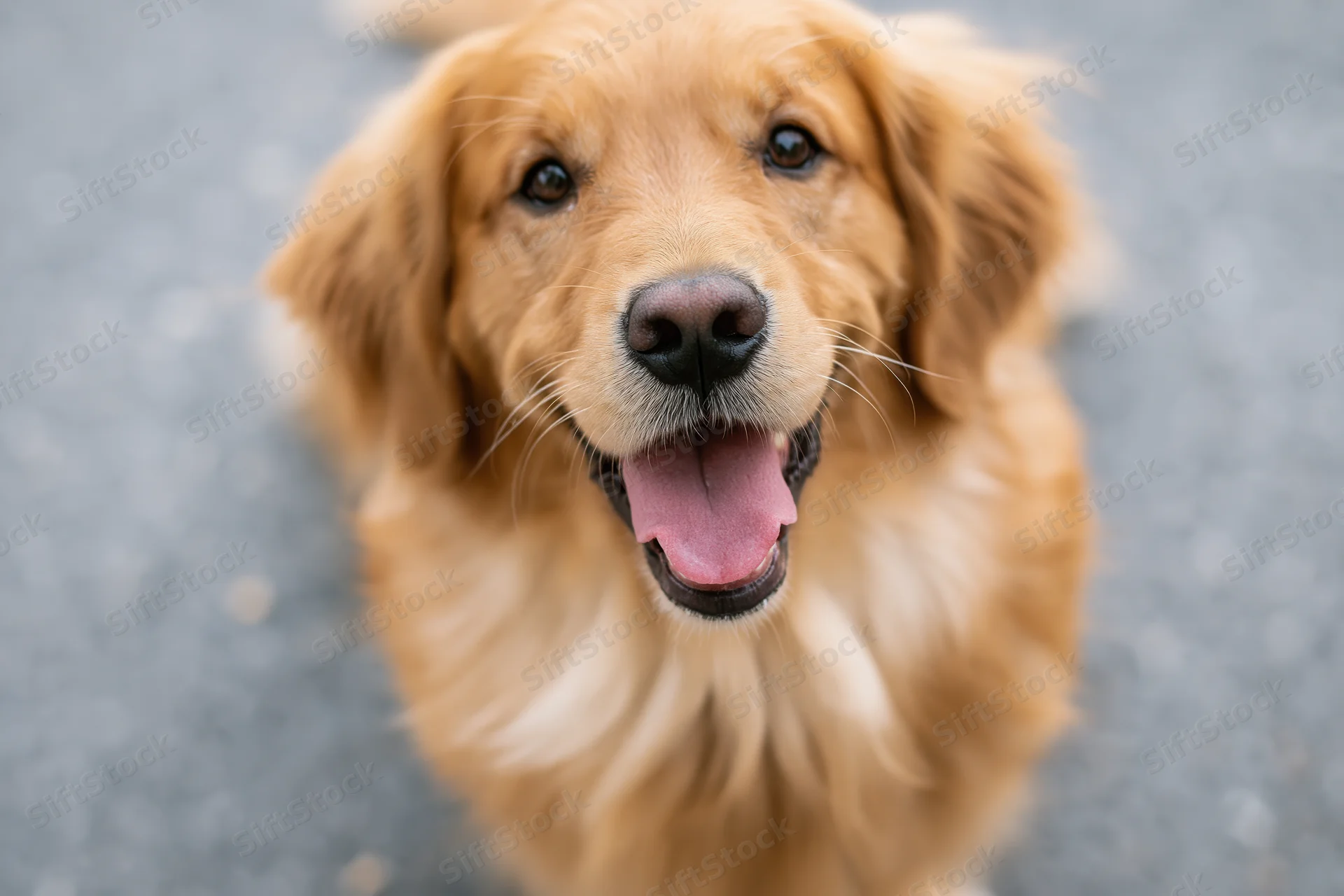 Golden retriever puppy looking up with mouth open and tongue out on pavement