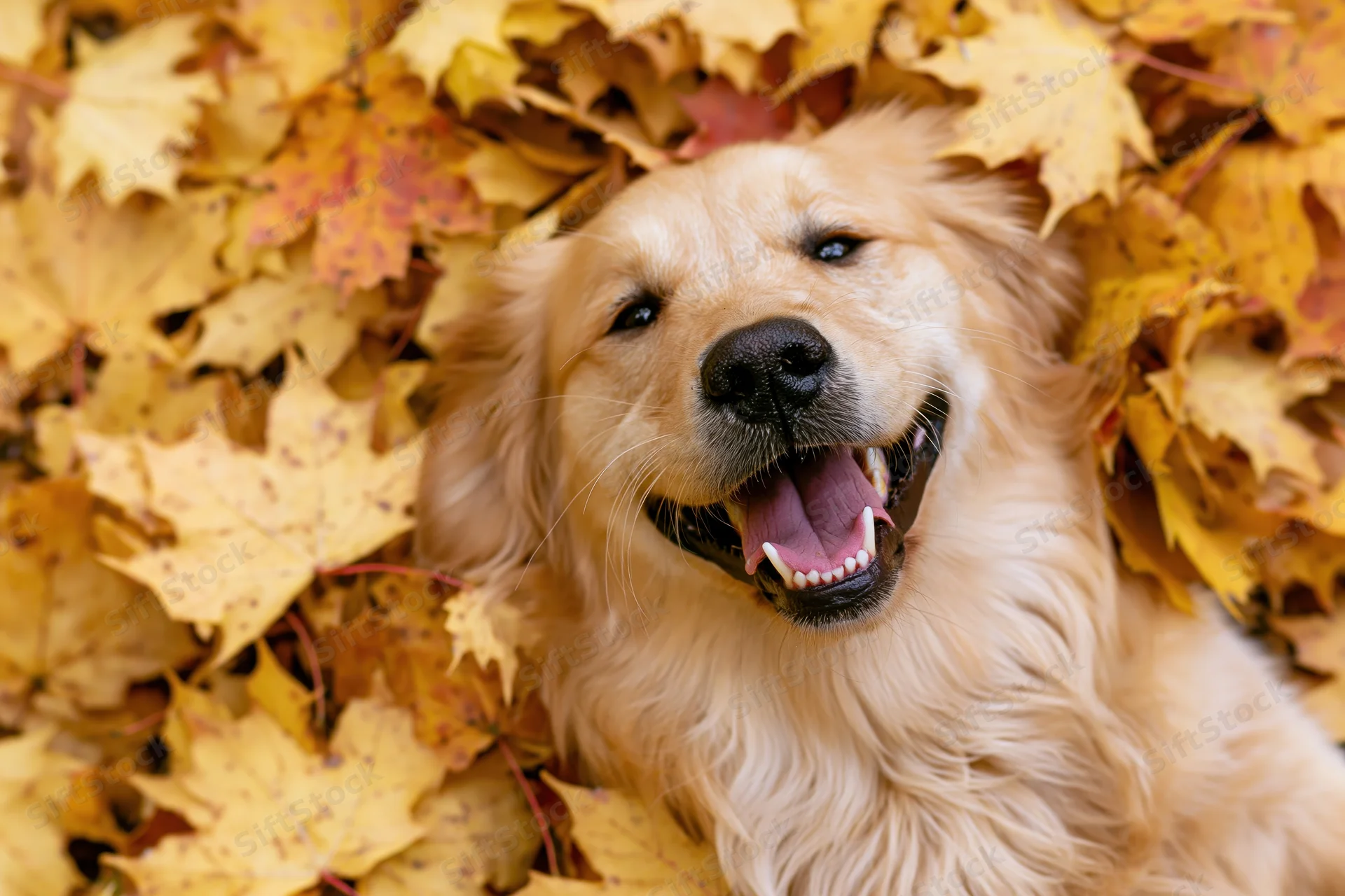 Golden retriever lying buried in a pile of fallen autumn leaves