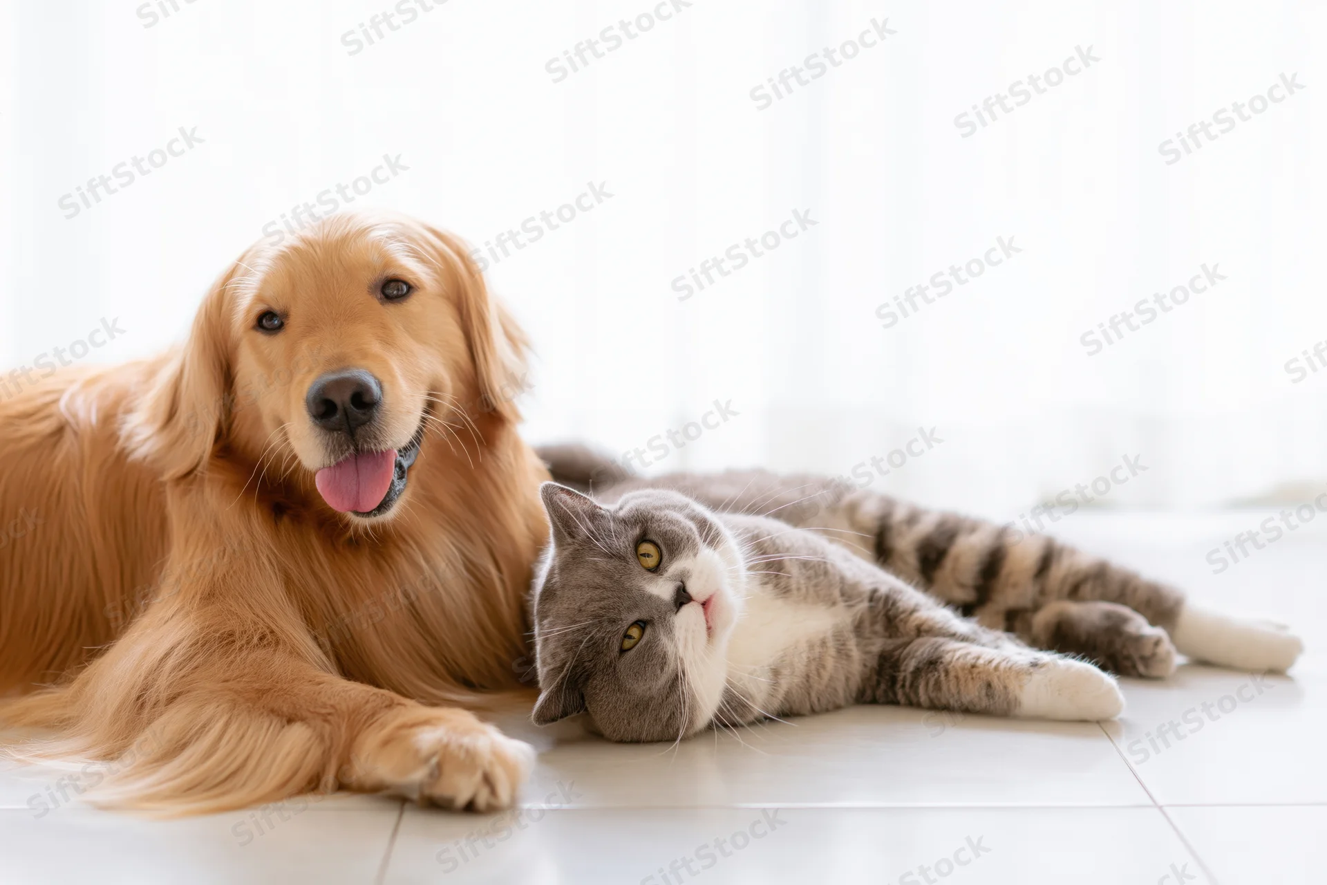 Golden retriever and tabby cat lying together on a light tile floor