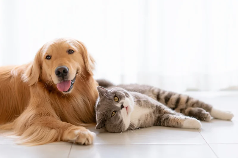Golden retriever and tabby cat lying together on a light tile floor