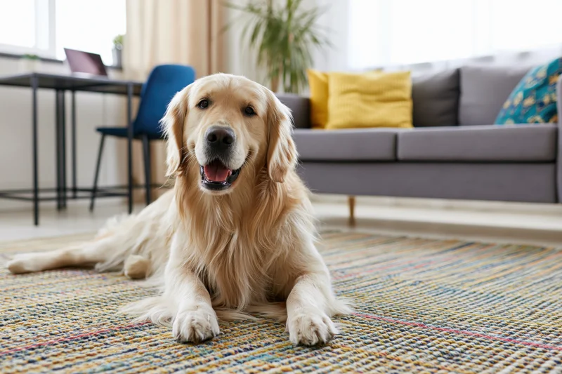 Golden retriever lying relaxed on striped woven rug in living room with couch and plant in background