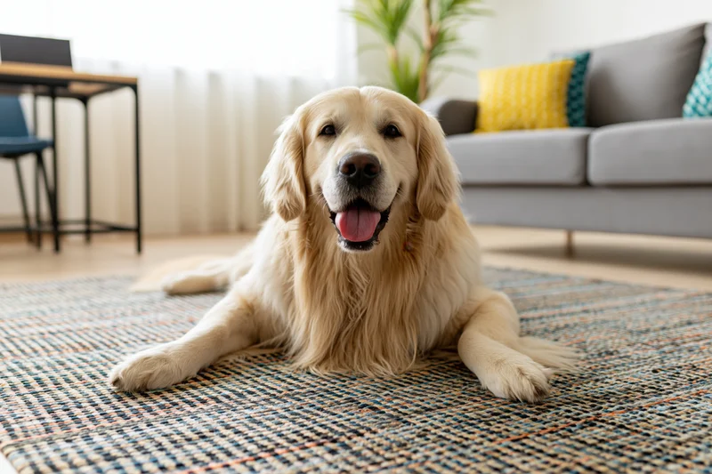 Golden retriever lying relaxed on a striped woven rug in a living room