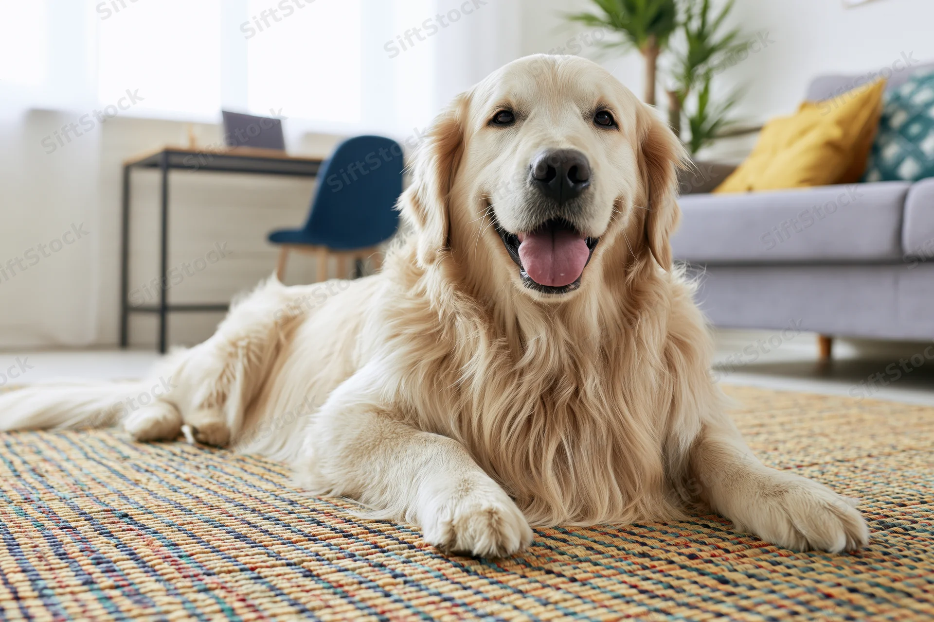 Golden retriever lying relaxed on striped woven rug in living room