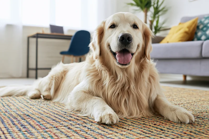 Golden retriever lying relaxed on striped woven rug in living room