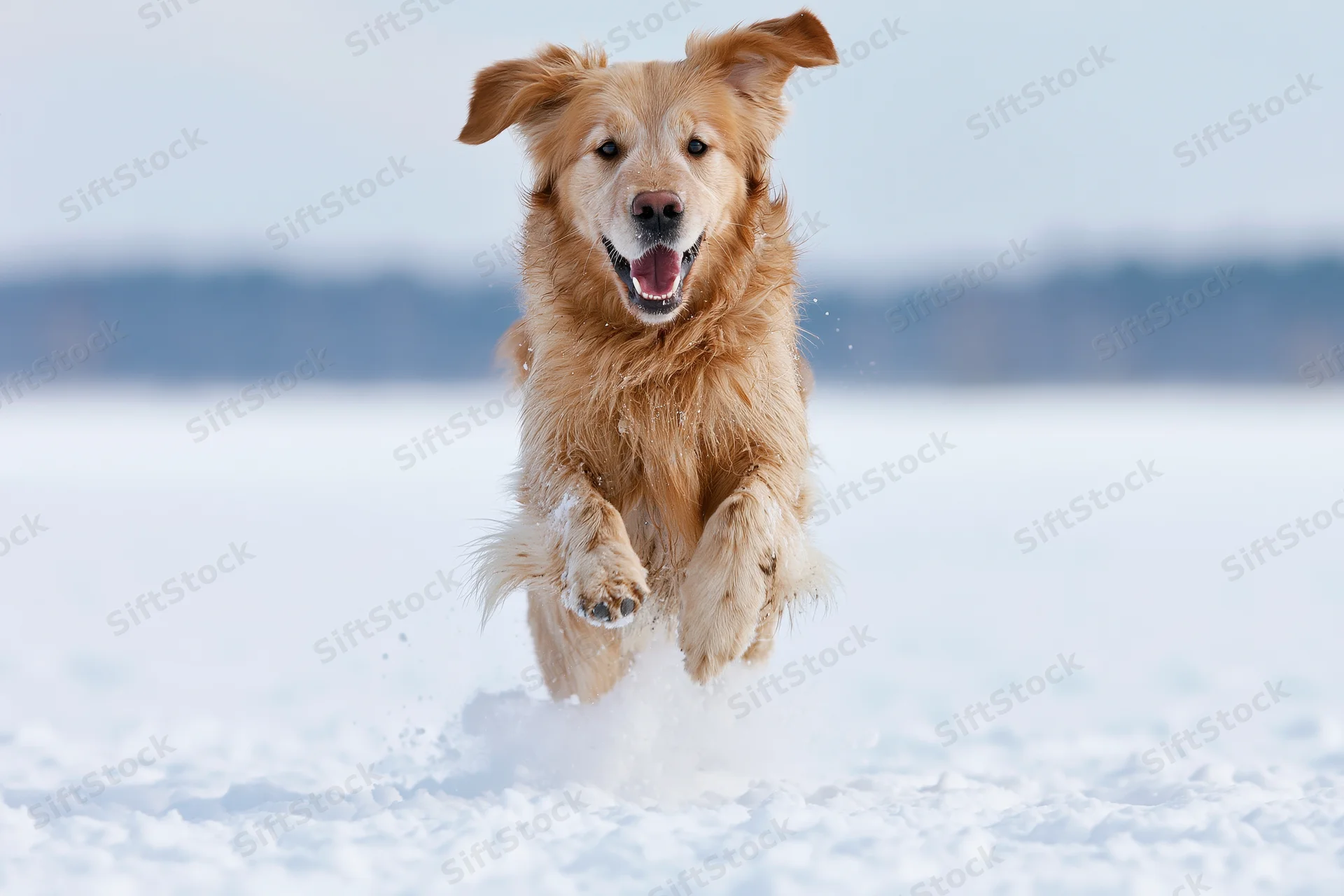 Golden retriever leaping through snow toward camera in winter landscape