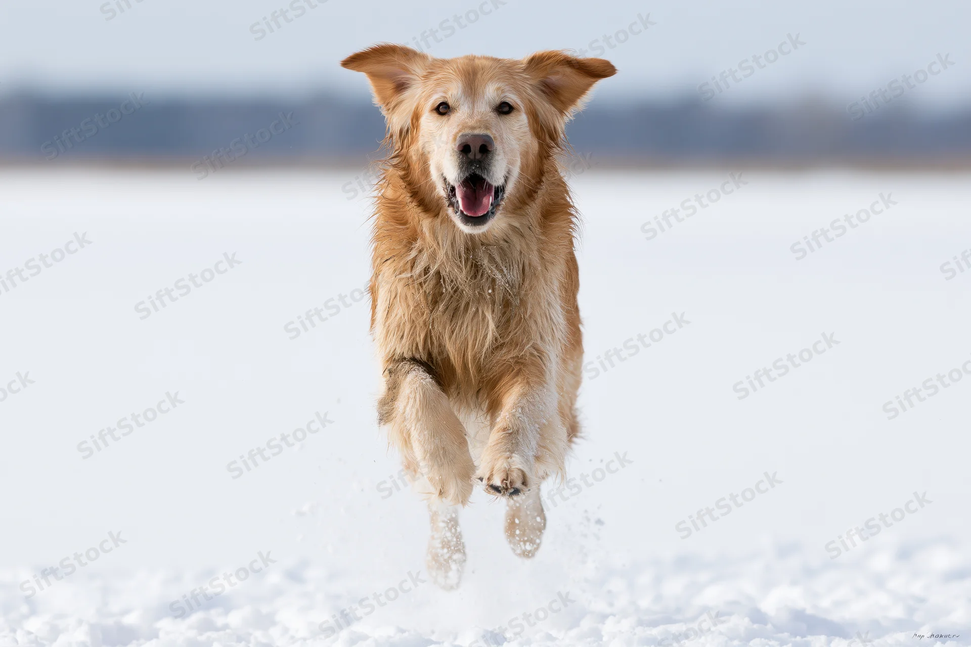 Golden retriever leaping through snow toward camera
