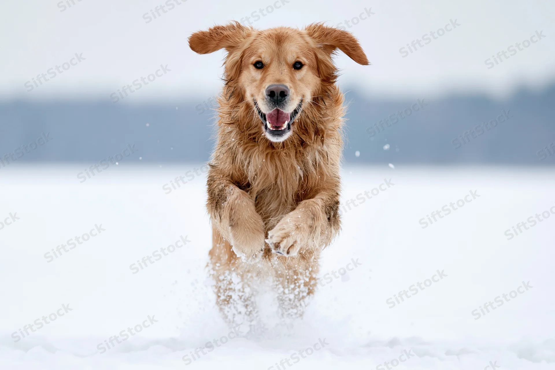 Golden retriever running toward camera in snowfield