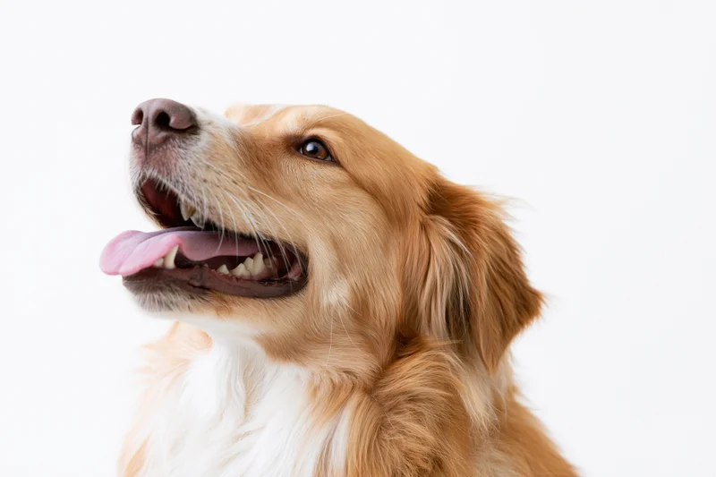 Golden retriever mix dog looking up with mouth open and tongue out against white background