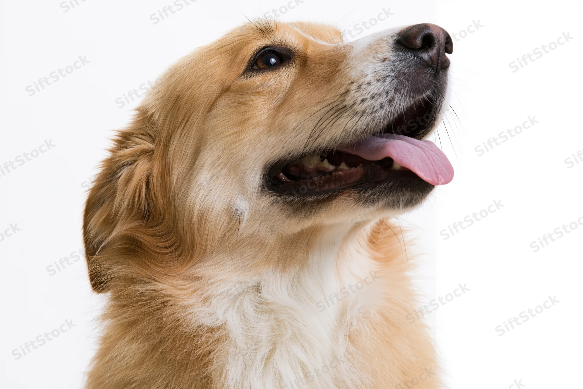 Golden retriever mix dog looking up with mouth open and tongue out in studio portrait