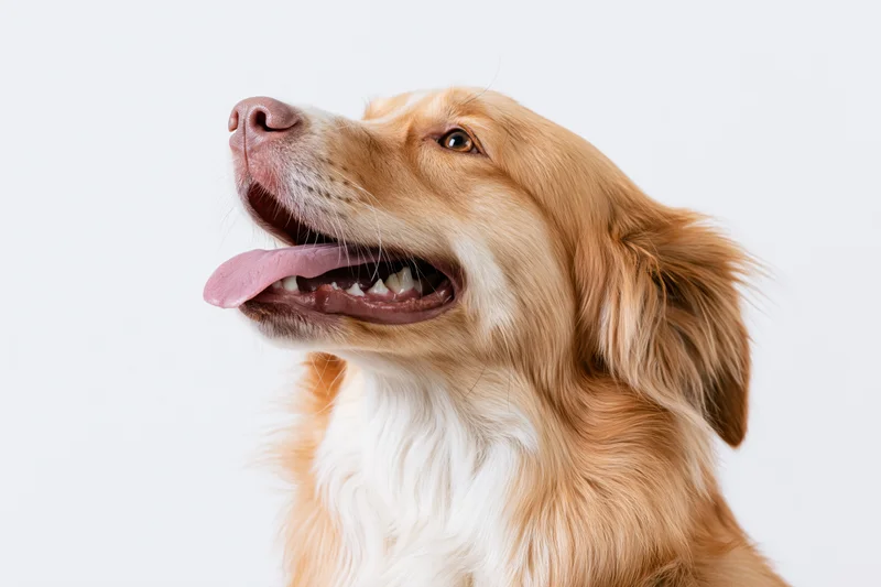 Golden retriever mix dog looking up with mouth open and tongue out in studio portrait