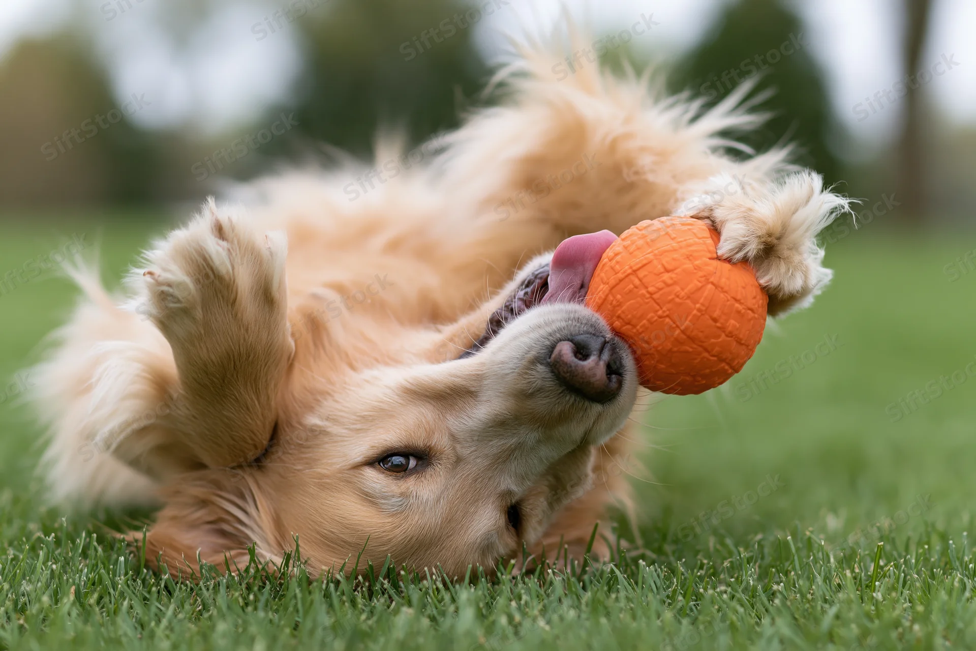 Golden retriever lying on its back on green grass chewing an orange ball