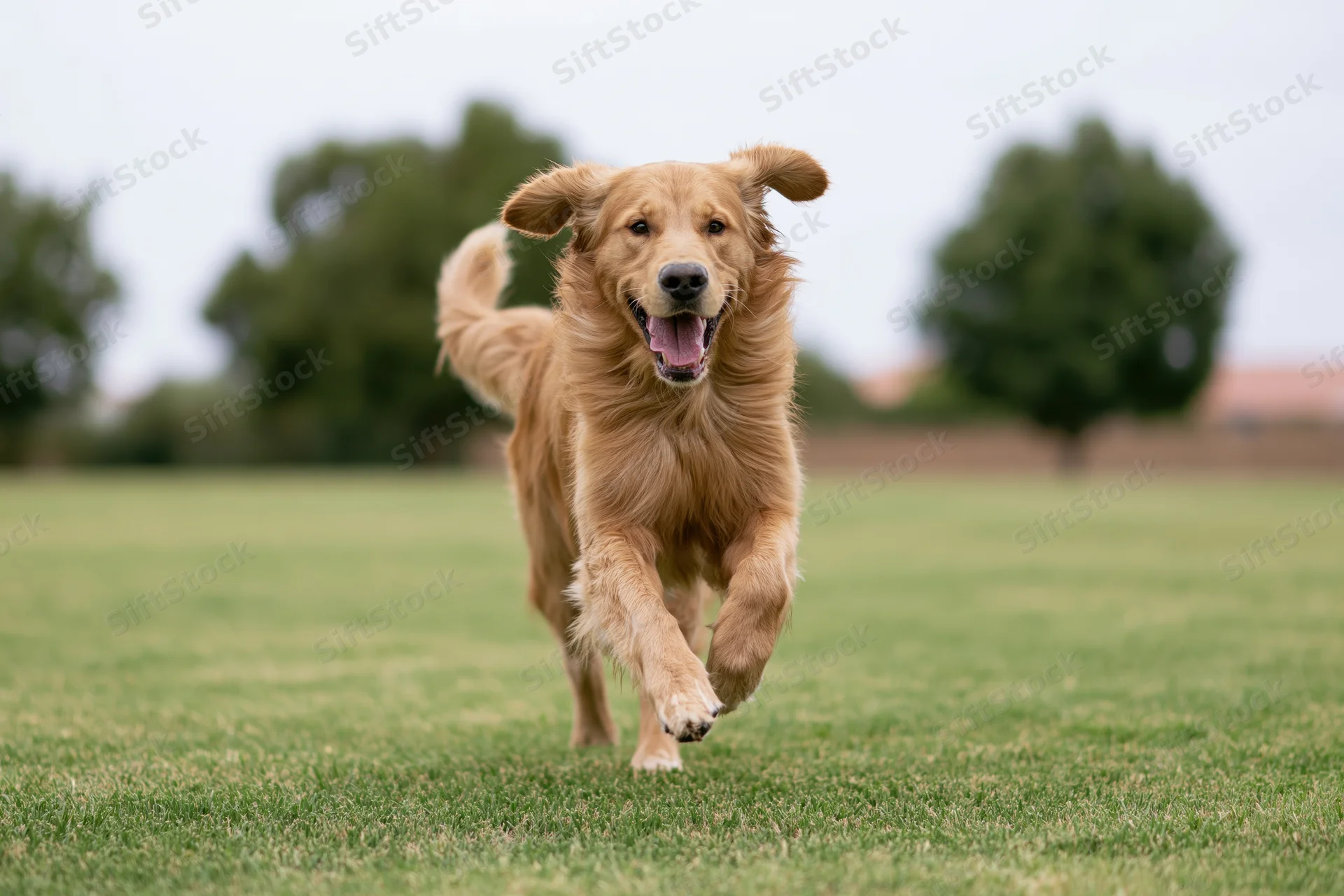 Golden retriever running full speed toward camera across a grassy field