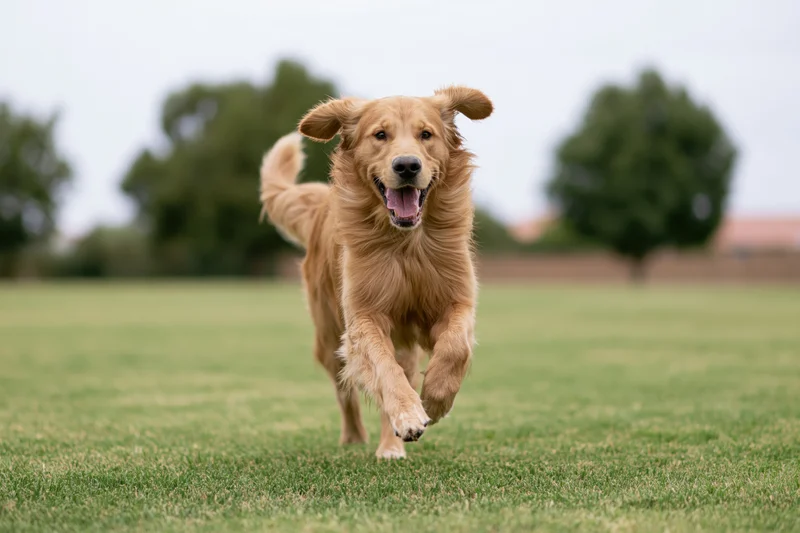 Golden retriever running full speed toward camera across a grassy field