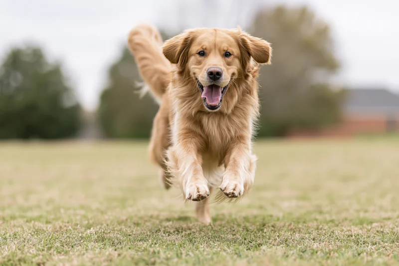 Golden retriever running full speed toward camera across a grassy field