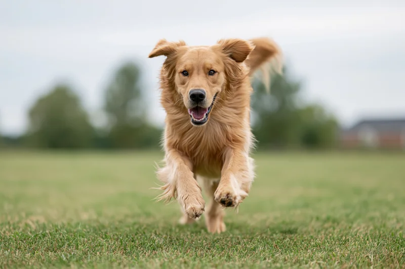 Golden retriever running full speed toward camera across a grassy field