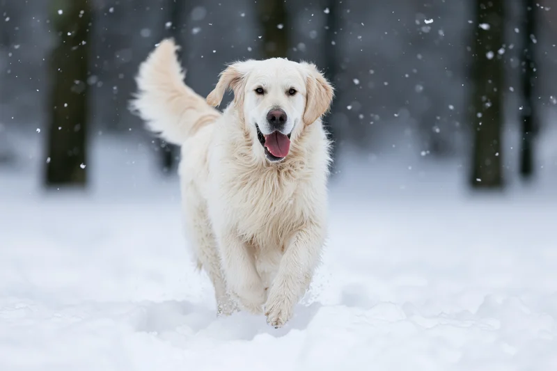 Golden retriever running toward camera through deep snow in a snowy forest