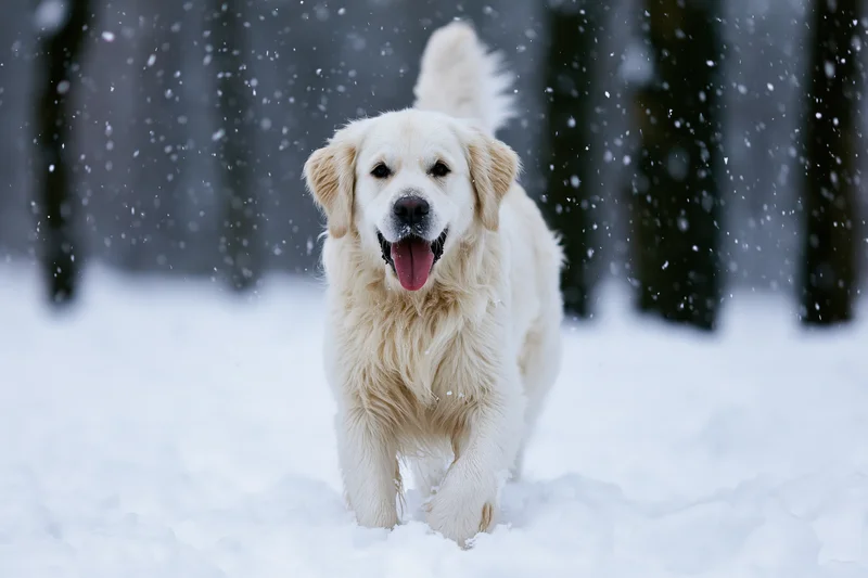 Golden retriever running toward camera through deep snow in a snowy forest