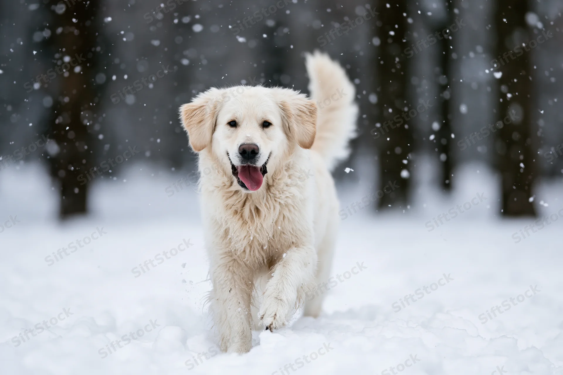 Golden retriever running toward camera through deep snow in a snowy forest