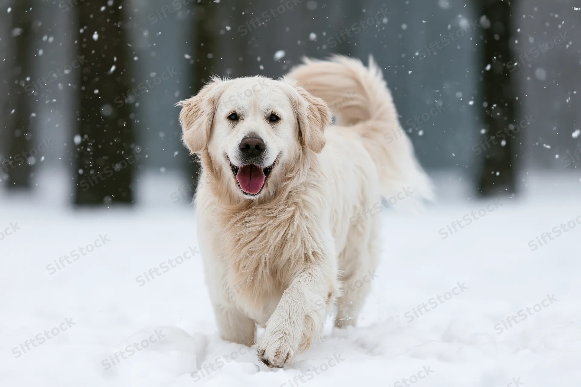 Golden retriever running toward camera through deep snow in a snowy forest