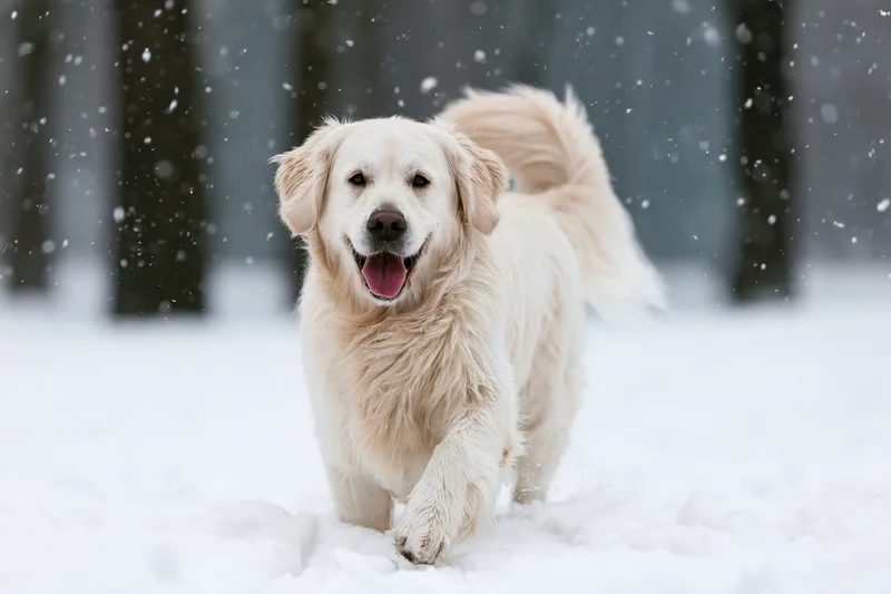 Golden retriever running toward camera through deep snow in a snowy forest