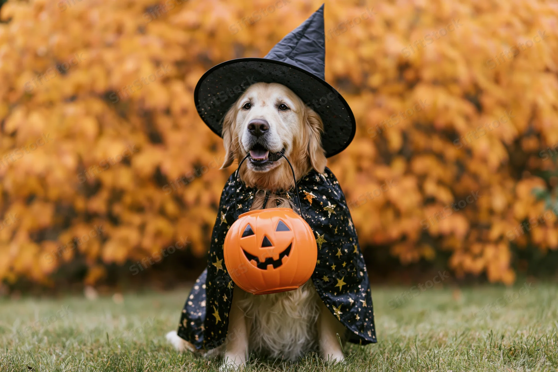 Golden retriever in witch costume holding jack-o-lantern on grass with autumn foliage behind