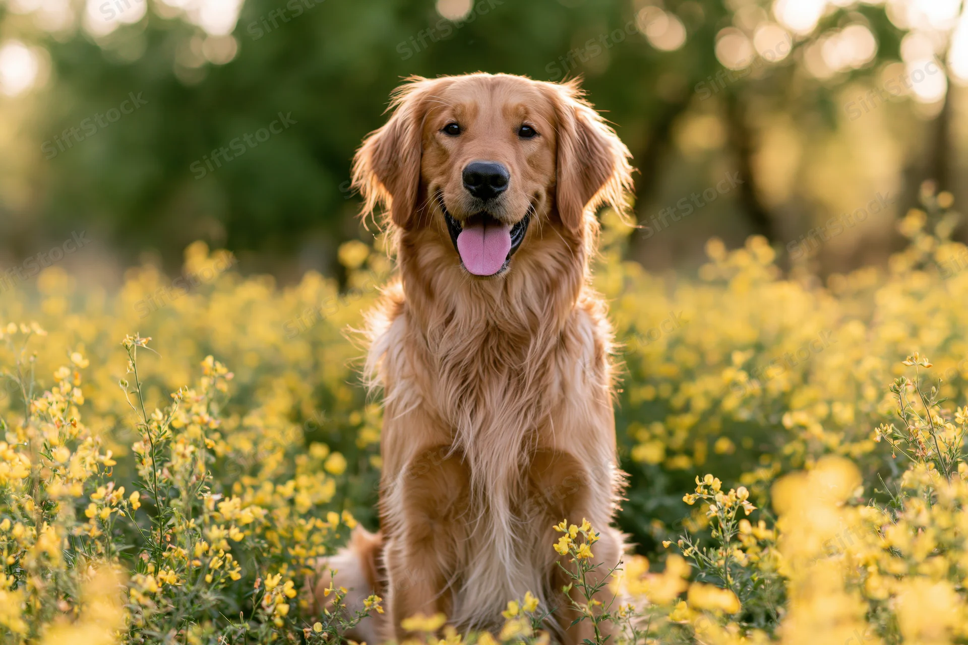 Golden retriever sitting upright in a field of yellow wildflowers with tongue out, surrounded by greenery and sunlight