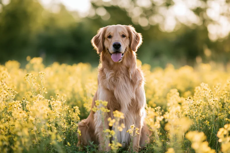 Golden retriever sitting upright in a field of wild yellow flowers