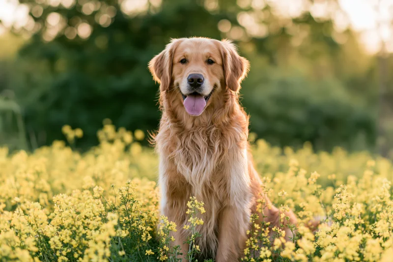 Golden retriever sitting upright in a field of yellow wildflowers during golden hour