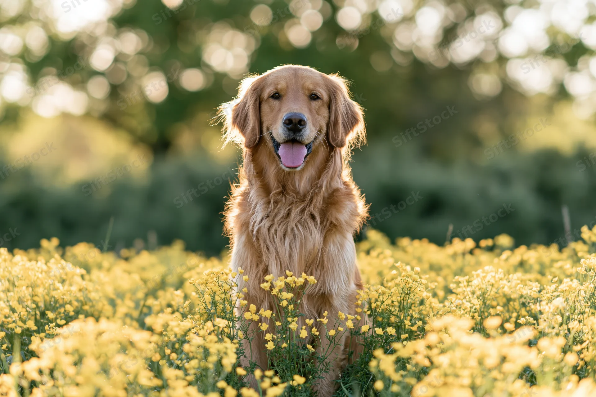 Golden retriever sitting upright in a field of yellow wildflowers with sunlight filtering through trees
