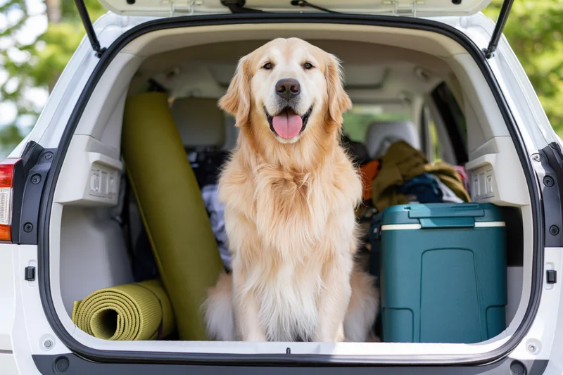 Golden retriever sitting upright in open trunk of white SUV surrounded by travel gear
