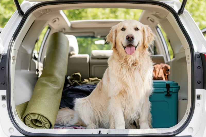 Golden retriever sitting upright in open trunk of white car with camping gear around