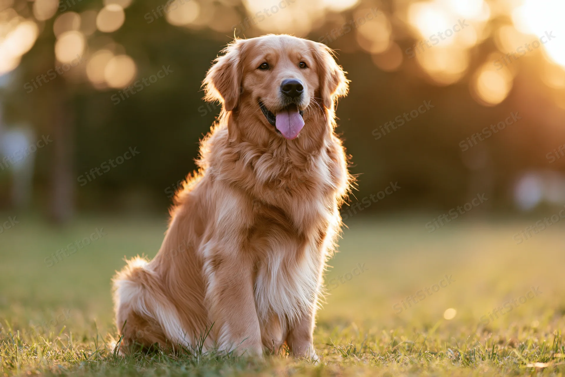 Golden retriever sitting upright on grass field with tongue out in warm sunlight