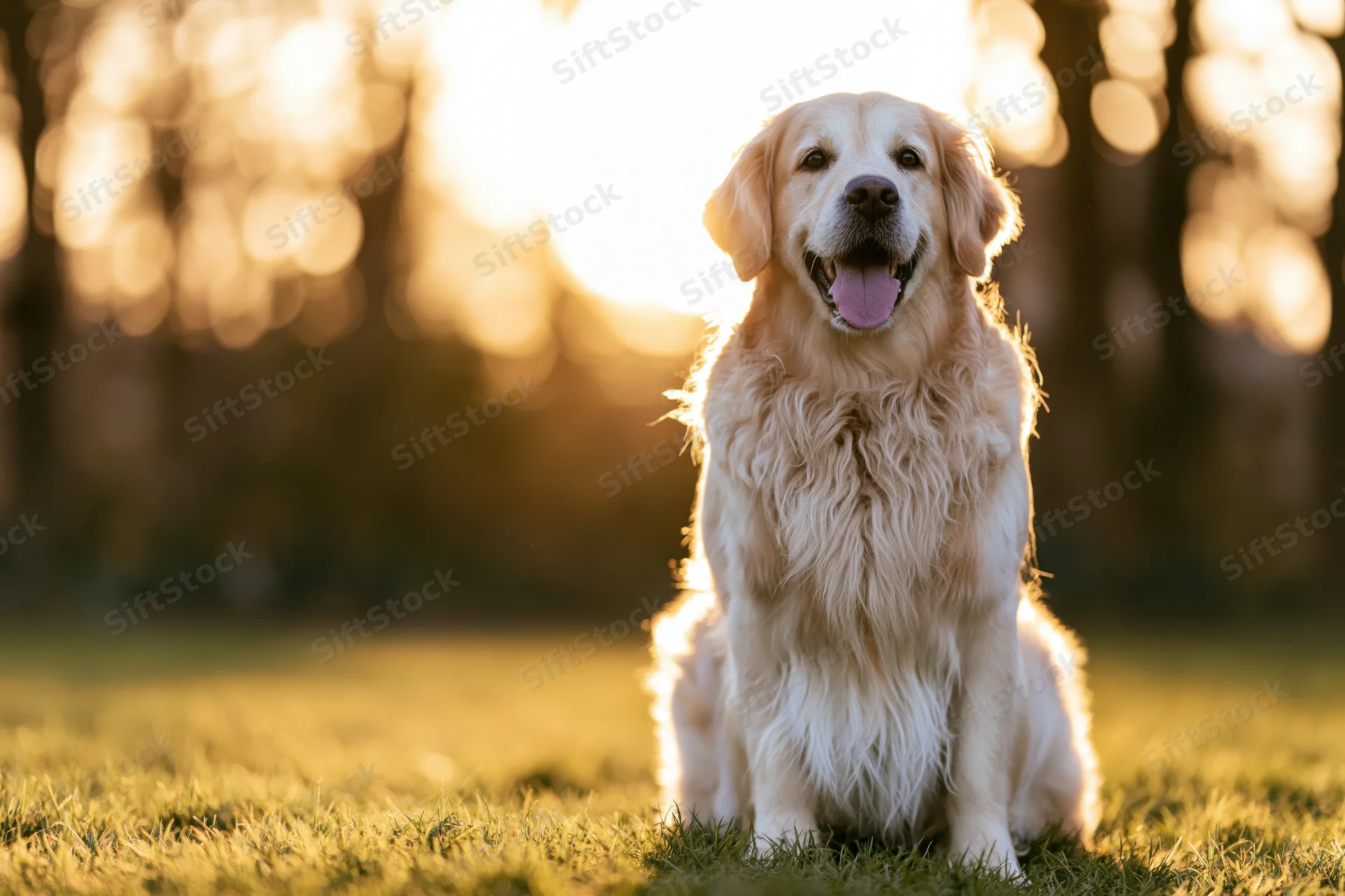 Golden retriever sitting upright on grass in a park with mouth open and tongue out, backlit by warm sunlight